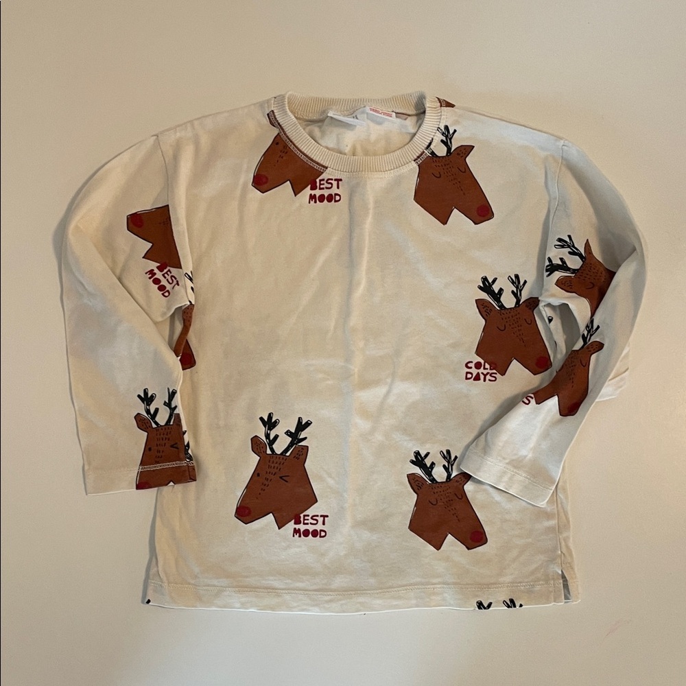 Zara Kids Reindeer Print Kids Shirt - Cream - Size 4-5T
